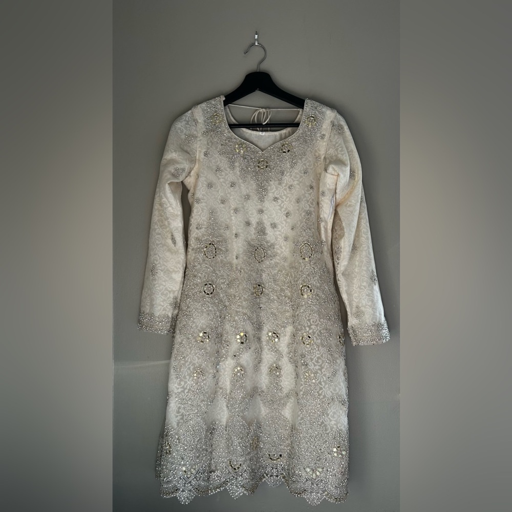 White with silver and gold detailing sharara set